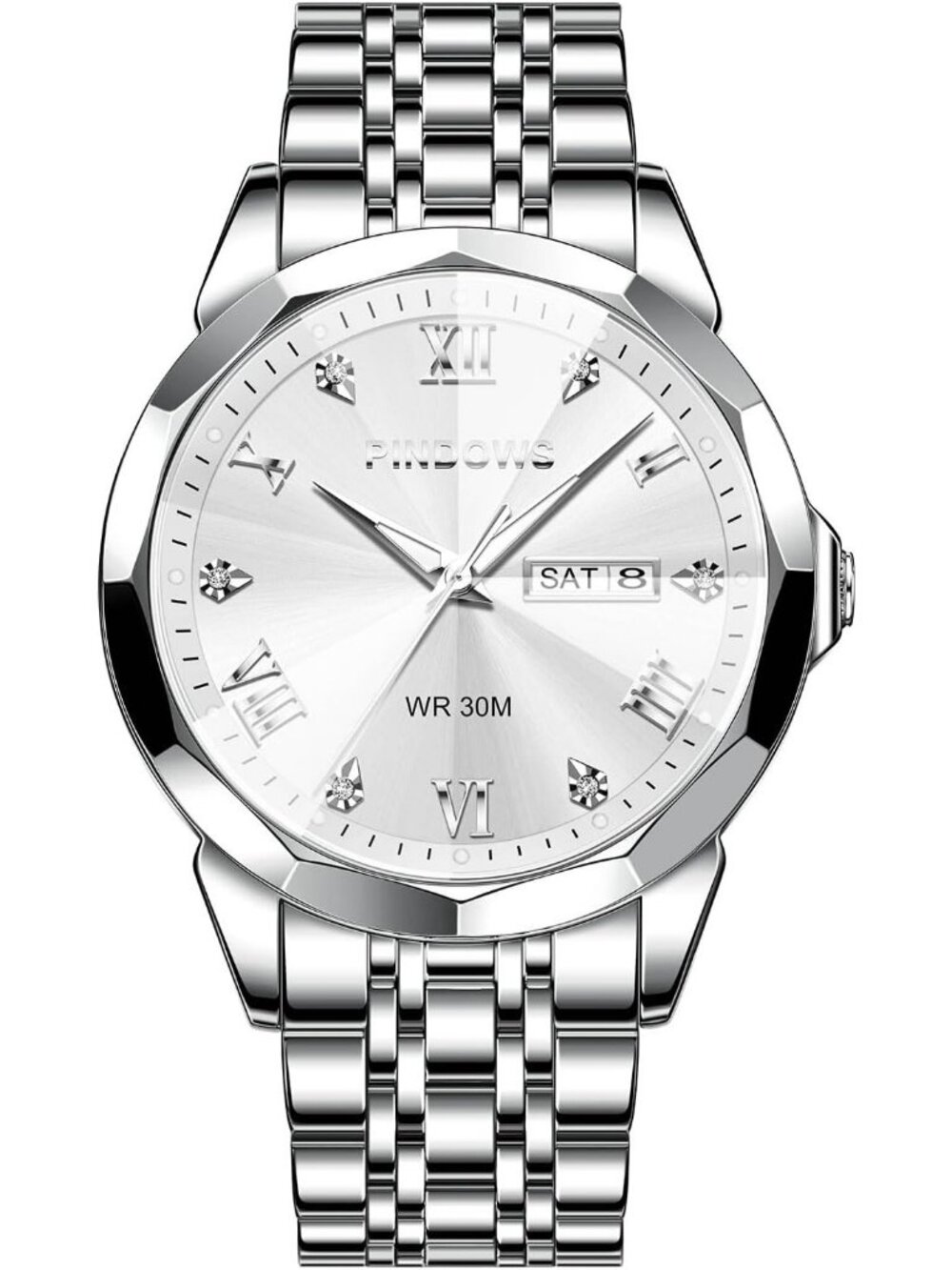 Men's Full Silver Classic Quartz Watch Stainless Steel Diamond Dial Wrist Watch